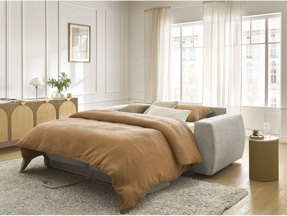 Beżowa rozkładana sofa do spania z tkaniny szenilowej 220 cm Hugo – Bobochic Paris