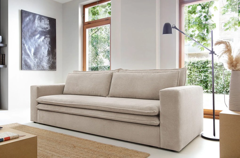 Waniliowa sztruksowa kanapa z pojemnikiem N6-E60