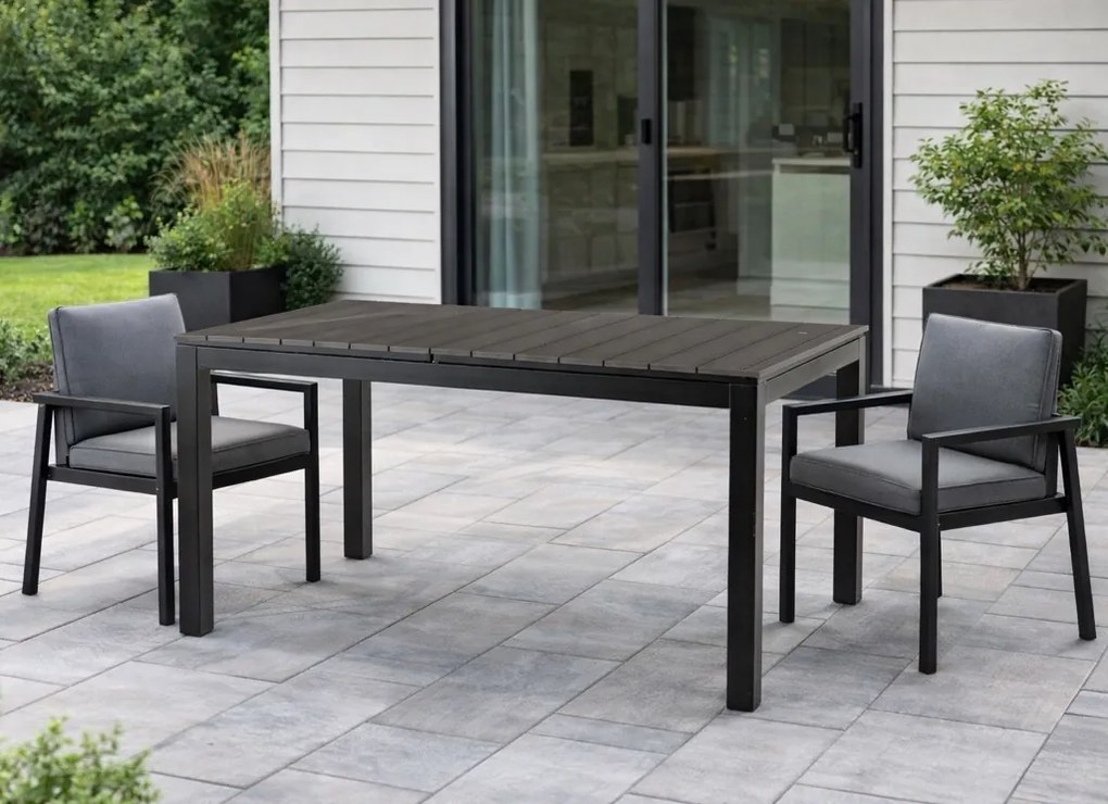 Rozkładany stół ogrodowy, kompozytowy Castello 140-180 cm, blat ciemnoszary dąb, podstawa czarna