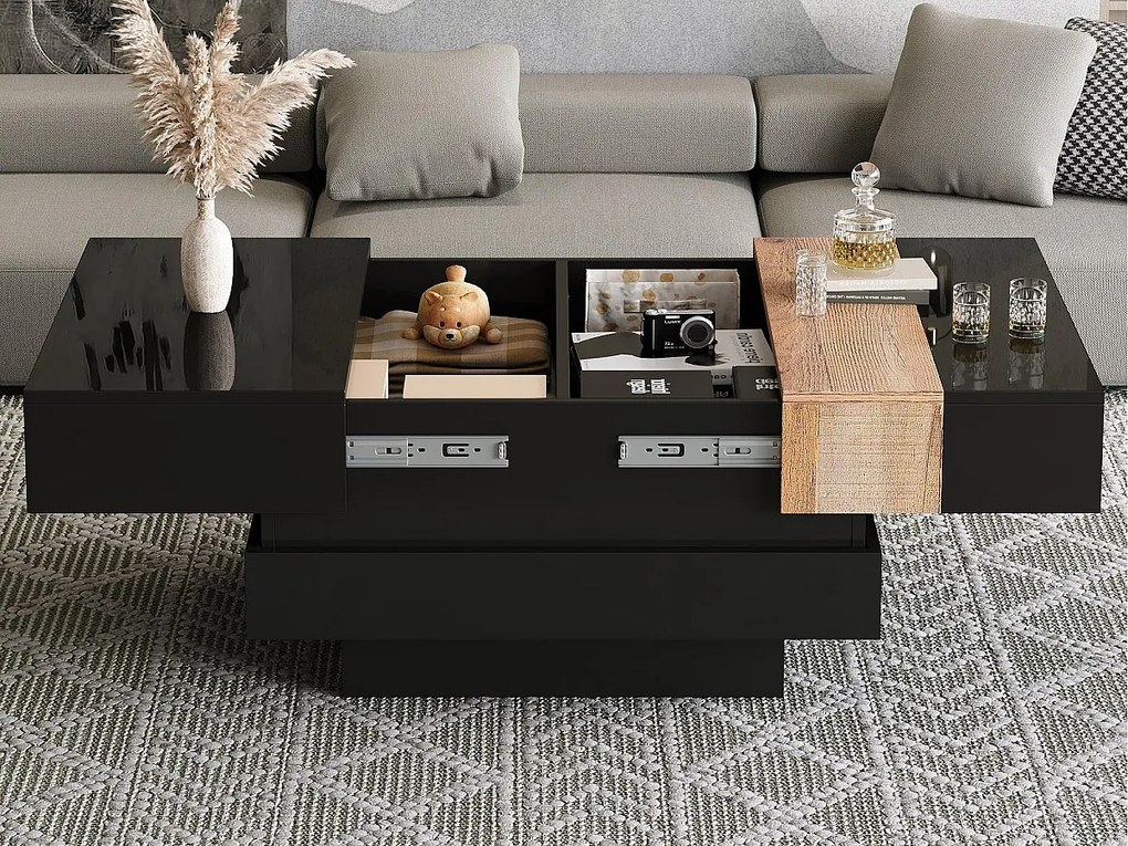 Stół kawowy składany 70x70x39 cm - z miejscem do przechowywania - Błyszczące wykończenie - MDF - ​​Czarny​