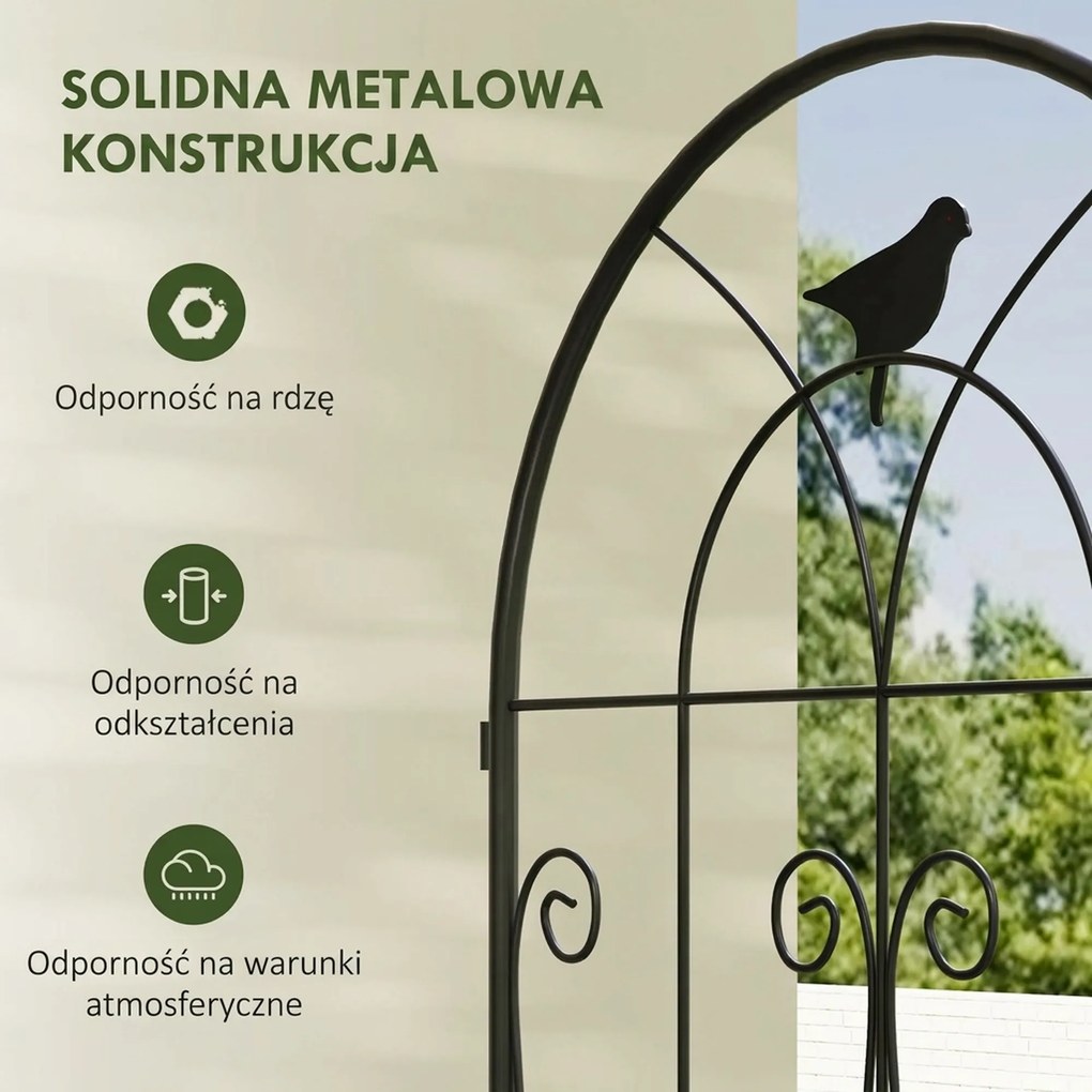 Metalowa Pergola Outsunny, Zestaw 2szt. do Wbijania, Odporna na Rdzę, z Motywem Ptaków na Rośliny Pnące 50x120 cm, Czarna