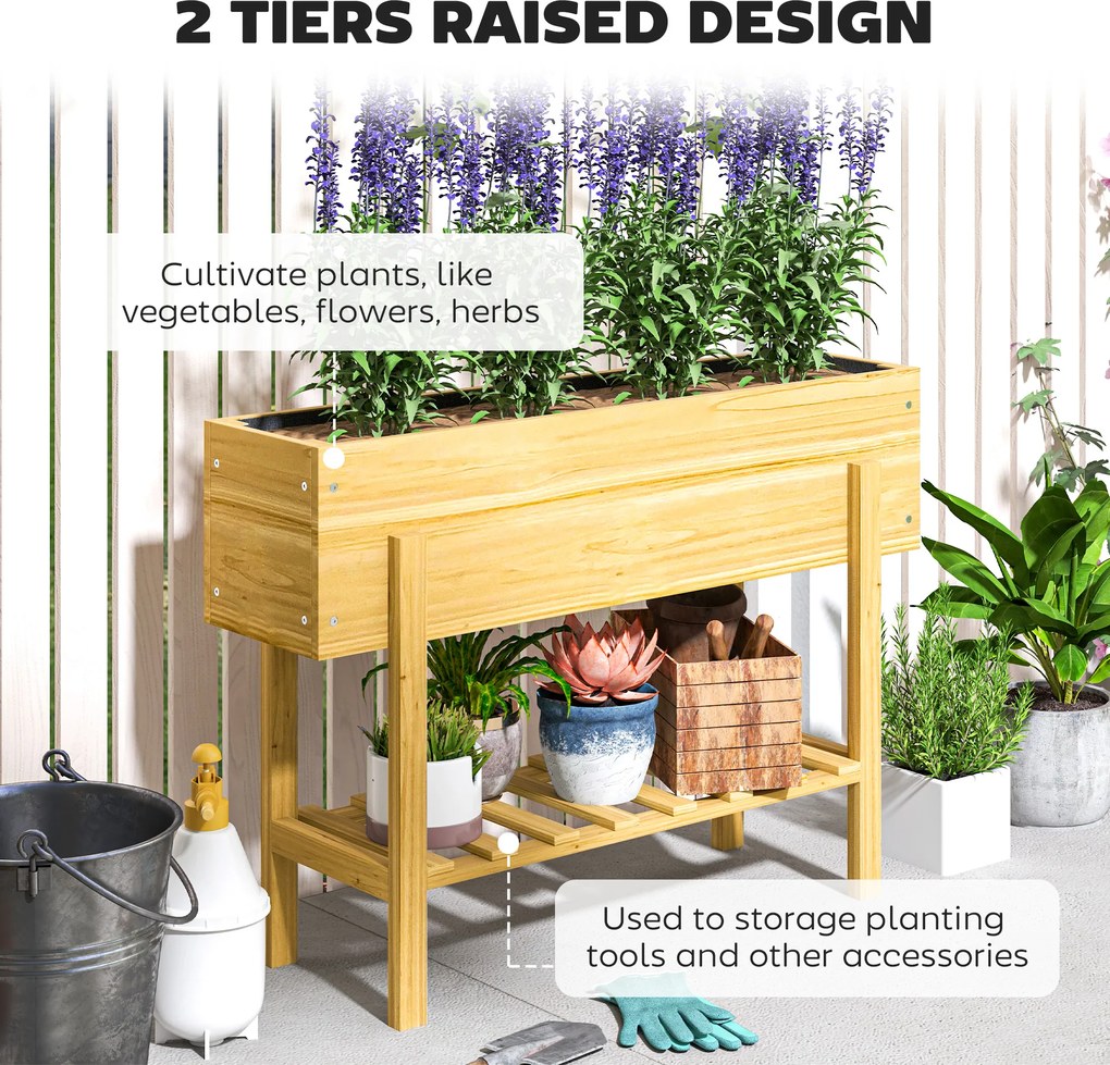 Outsunny Kwietnik z Dolną Półką, Drewniane Grządka z Wyściółką z Włókniny i Otworami Drenażowymi, 100 x 30 x 70,5 cm, Drewno Naturalne