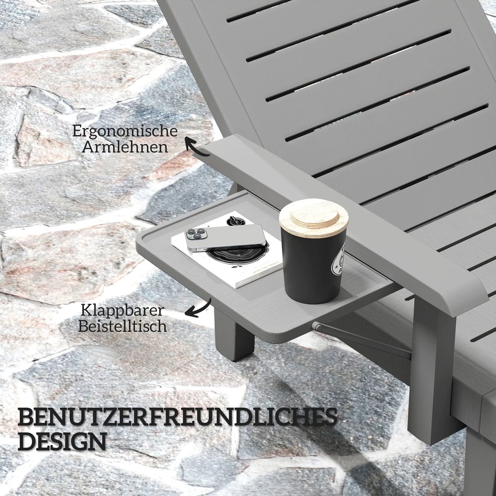 Outsunny Leżak ogrodowy z stolikiem bocznym wygląd drewna leżak z 5-stopniową regulacją oparcia ciemnoszary | Aosom PL