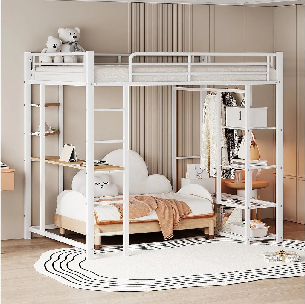 Łóżko piętrowe 140 x 200 cm z biurkiem i półkami do przechowywania - metalowe - stelaż listwowy - białe (bez materaca)