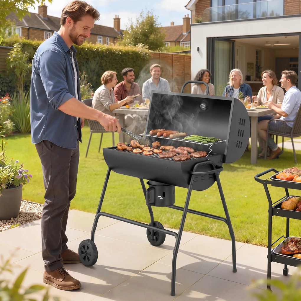 Outsunny Grill węglowy Metal BBQ z pokrywą Termometr Koła Wózek grillowy 95x71,5x102 cm Czarny