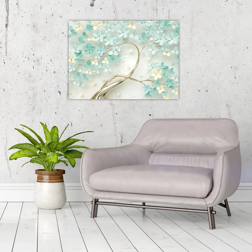 Obraz na szkle - Złote kwitnące drzewo (70x50 cm)