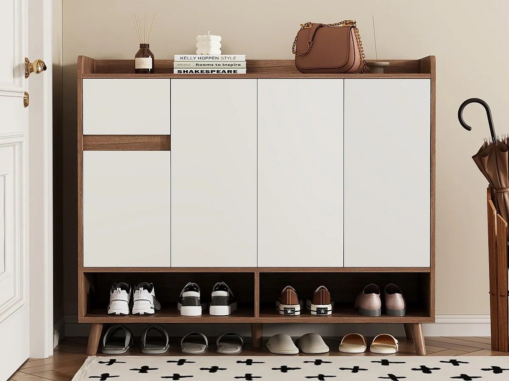 Szafa na buty 120x35x90cm - z 4 drzwiami i 1 szufladą - półka regulowana - Naturalny + Biały
