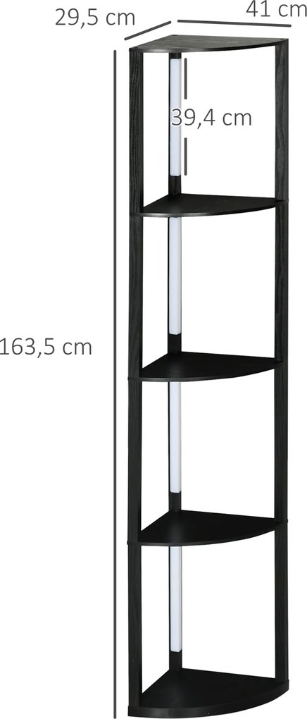 HOMCOM LED Lampa podłogowa, Regał Narożny, regulowana, 4 półki, ciepłe białe światło, 41x30x164cm, Czarna