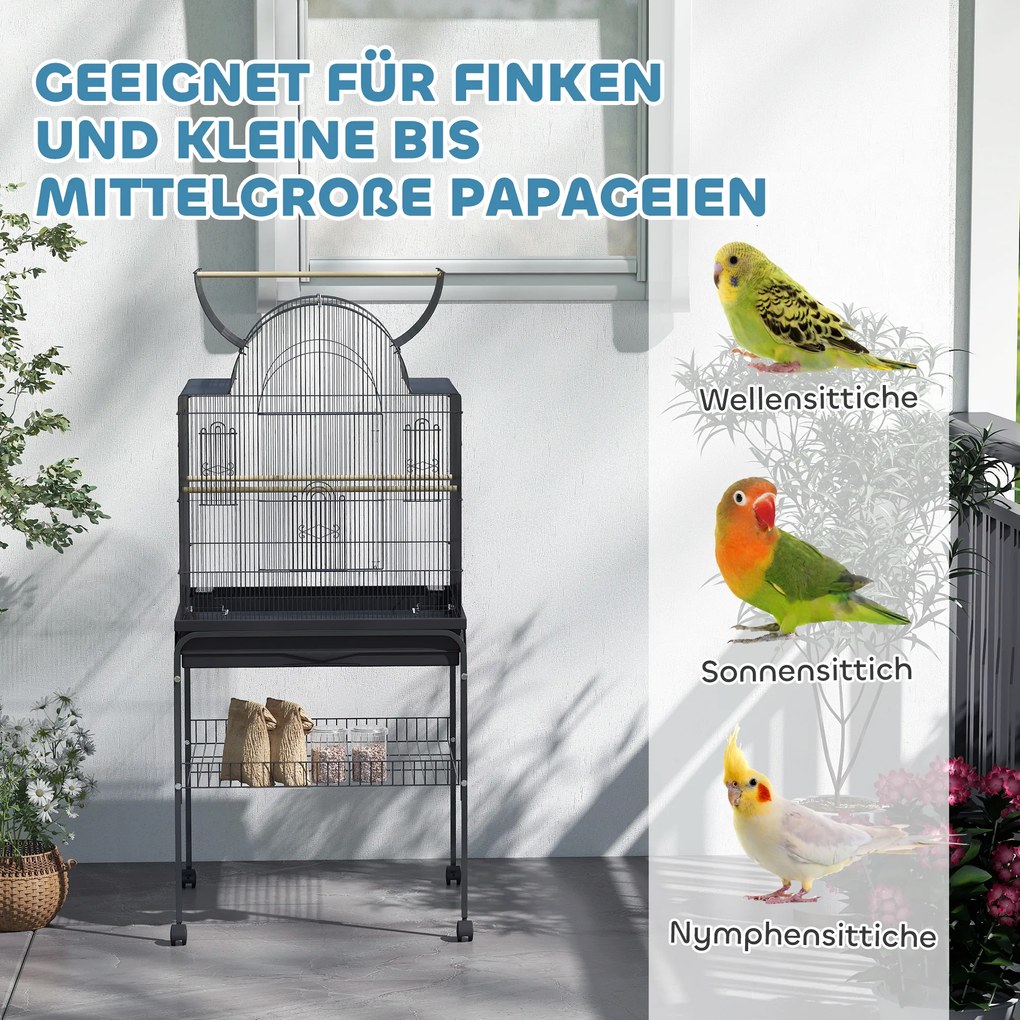 PawHut Mobilna klatka dla kanarków i falistych, z dolną półką, metalowa siatka, Czarna