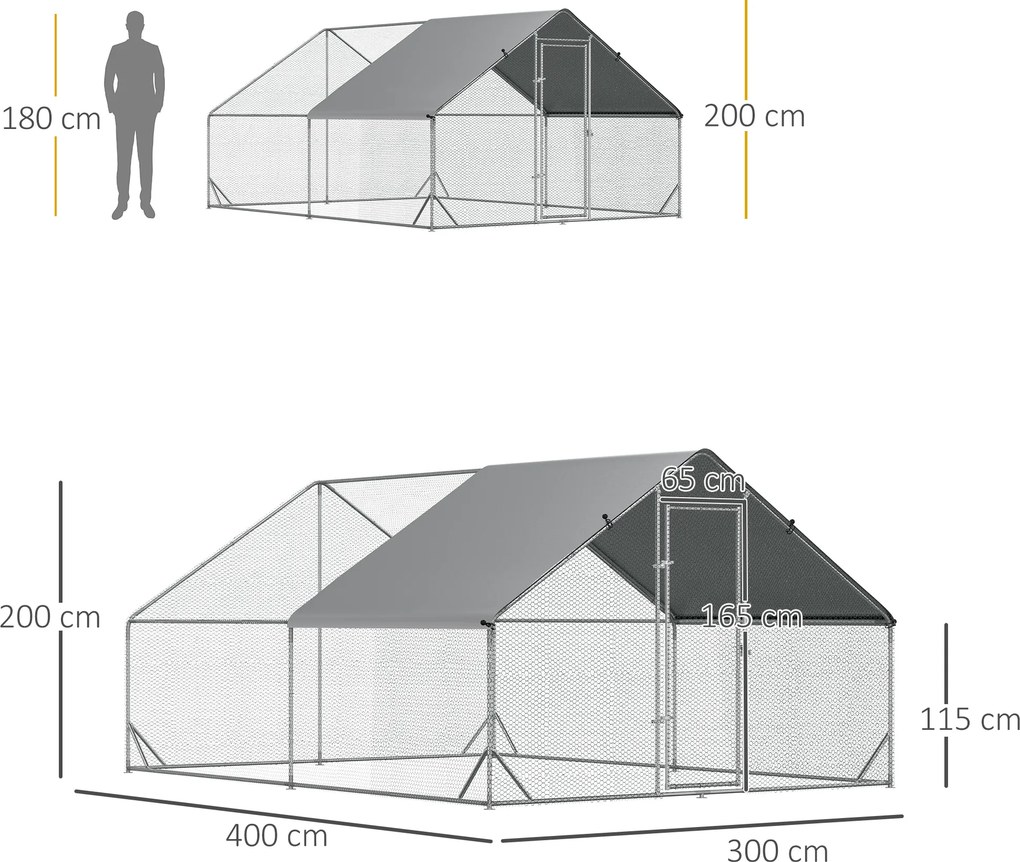 PawHut PewHut XXL kurnik zewnętrzny z kloszem stalowym 3 x 4 x 2 m