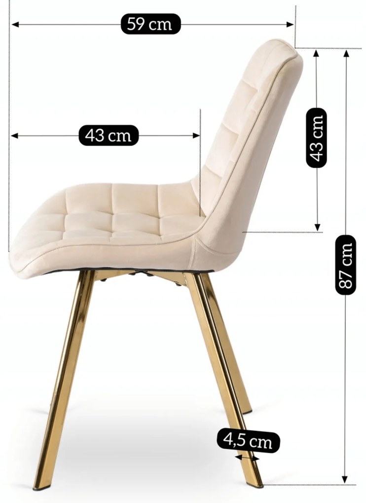 Zestaw 4x Krzesło Tapicerowane DEVI Kremowe Welurowe Glamour