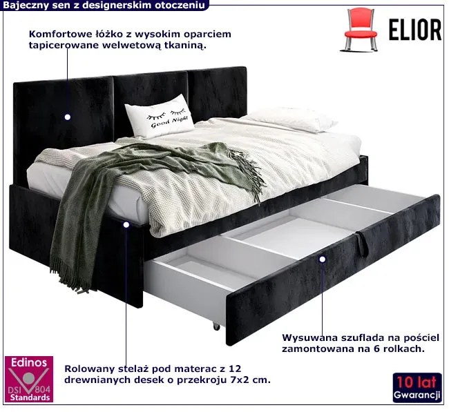 Czarny tapczan młodzieżowy z szufladą E5-P42