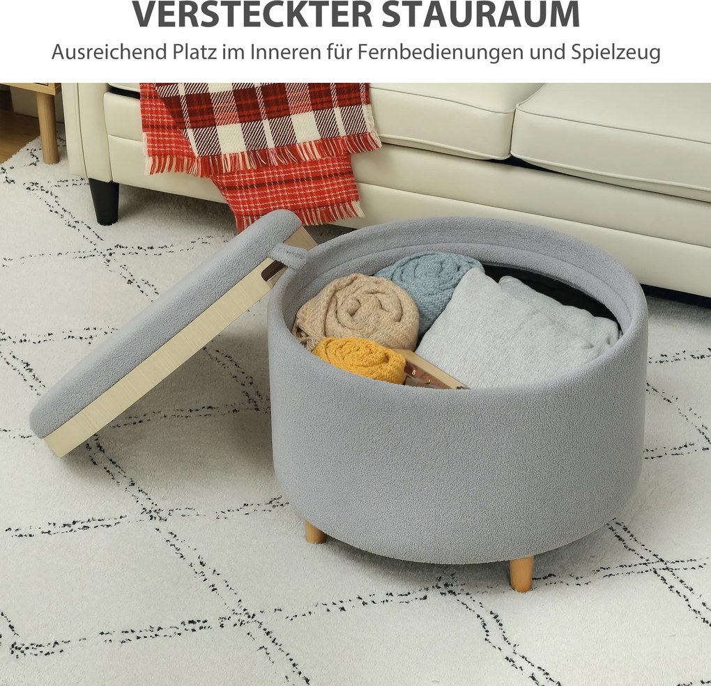 HOMCOM Taboret z Teddyfleece, Ukryty Schowek, Odwracalna Klapka, 56 cm x 56 cm x 42 cm, Szary