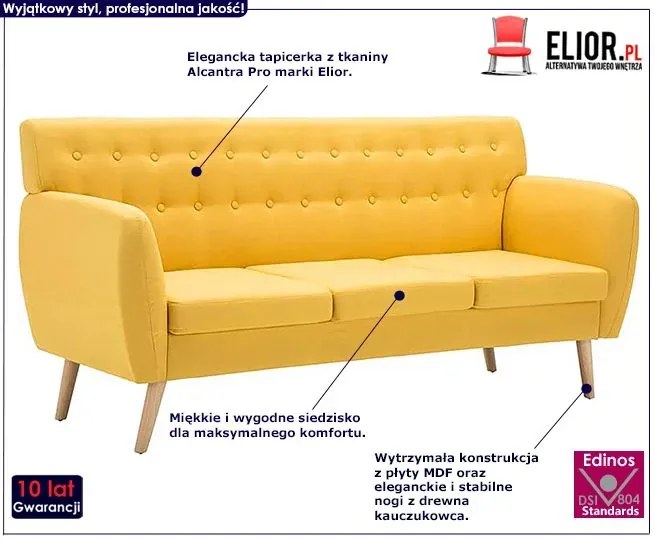 3-osobowa żółta sofa pikowana - Lilia