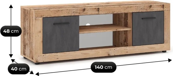 Szafka RTV BLAGO 140 cm Surowy Dąb/Grafit Dwudrzwiowa do Salonu Loft