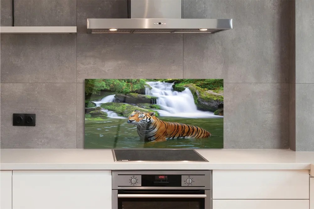 Panel szklany do Kuchni Tygrys nad Górskim Wodospadem