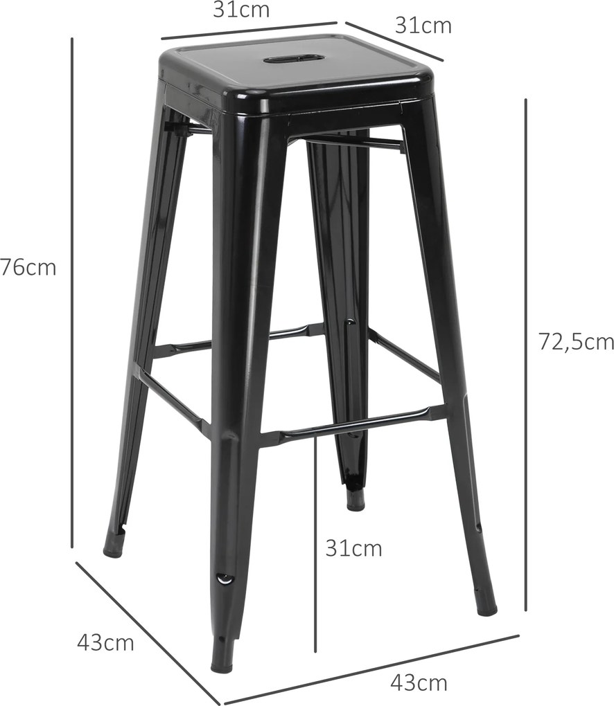 HOMCOM Zestaw 4 Stołków Barowych z Metalu, Do Użytku Wewnętrznego i Zewnętrznego, Składana Konstrukcja, Czarny
