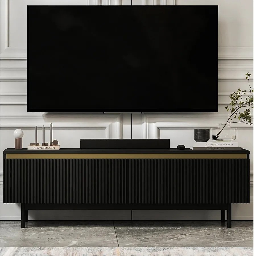 Szafka RTV z 2 drzwiami - Korpus czarny mat, fronty ryflowane czarny mat - Czarna metalowa rama, 140 cm