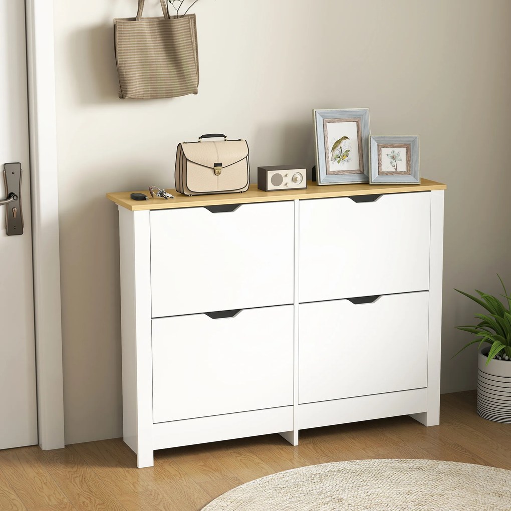 HOMCOM Wąska szafka na buty z 4 uchylnymi przegrodami, na 8–16 par butów, 105 x 26 x 80 cm, biały + naturalny | Aosom PL