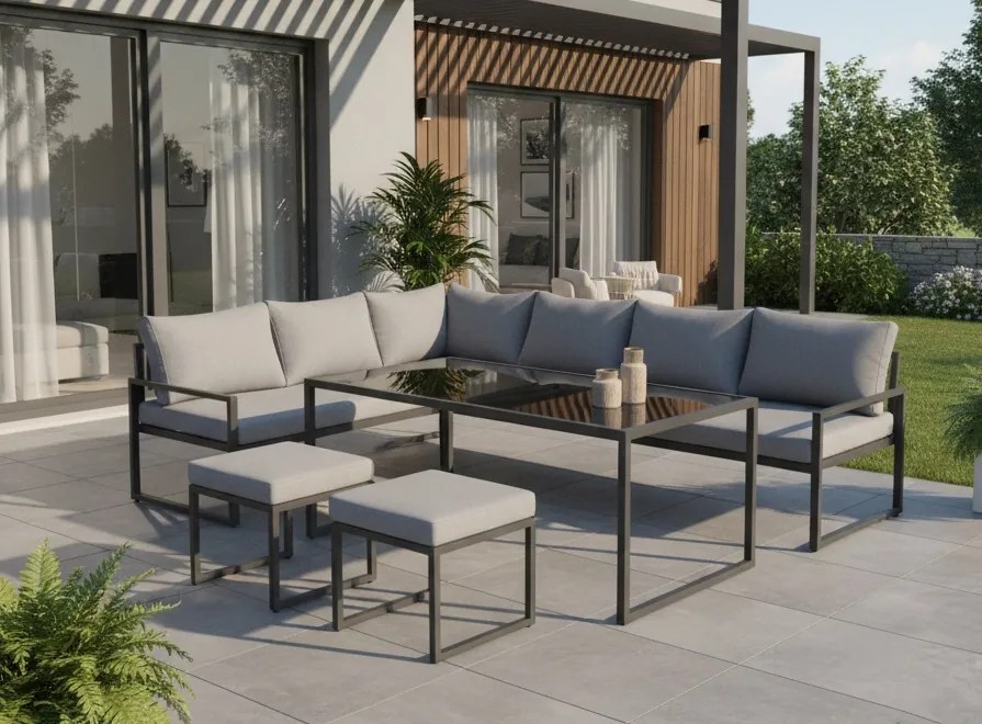 Zestaw mebli ogrodowych Borello - narożnik z 2 pufami i stołem obiadowym