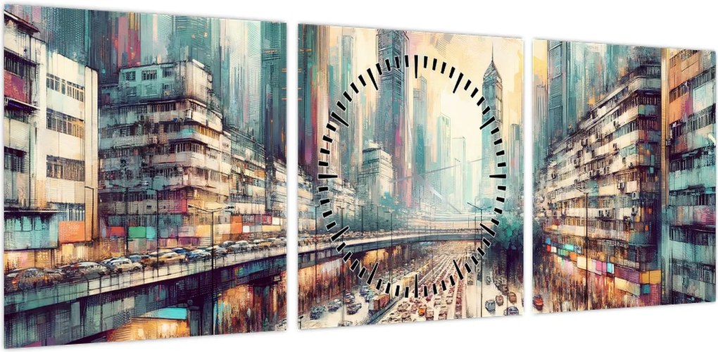 Obraz - Życie w wielkim mieście (z zegarem) (90x30 cm)