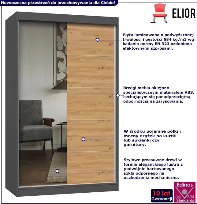 Szafa przesuwna z lustrem 120 cm dąb artisan antracyt D7-T81