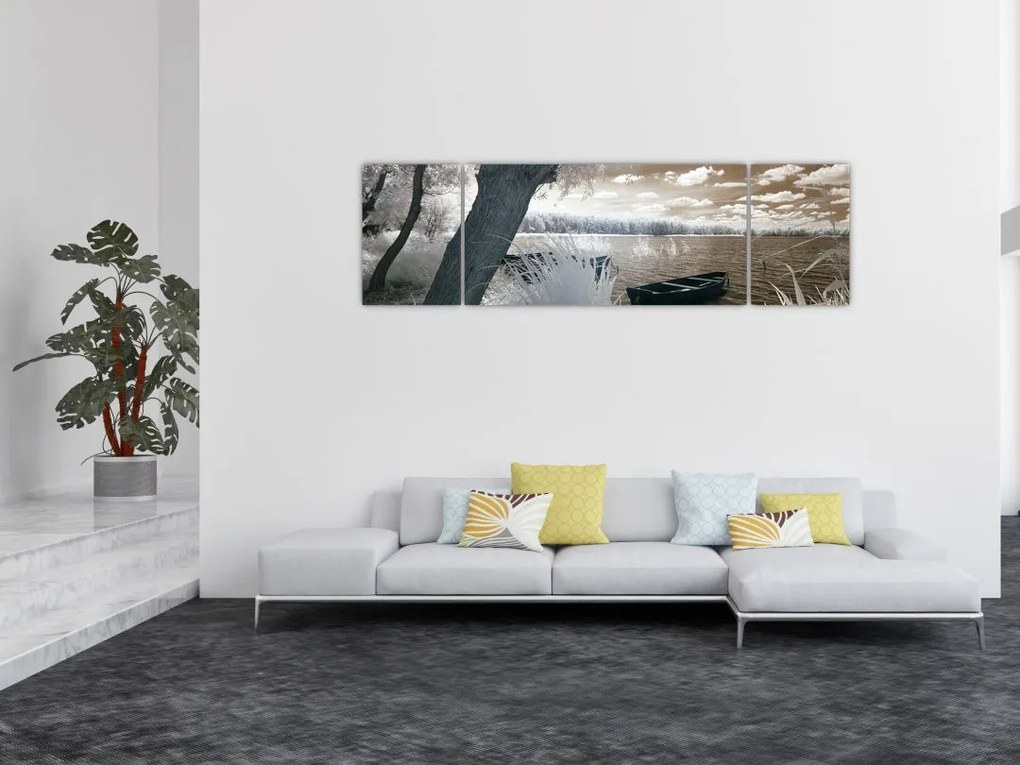 Obraz łodzi na jeziorze (170x50 cm)