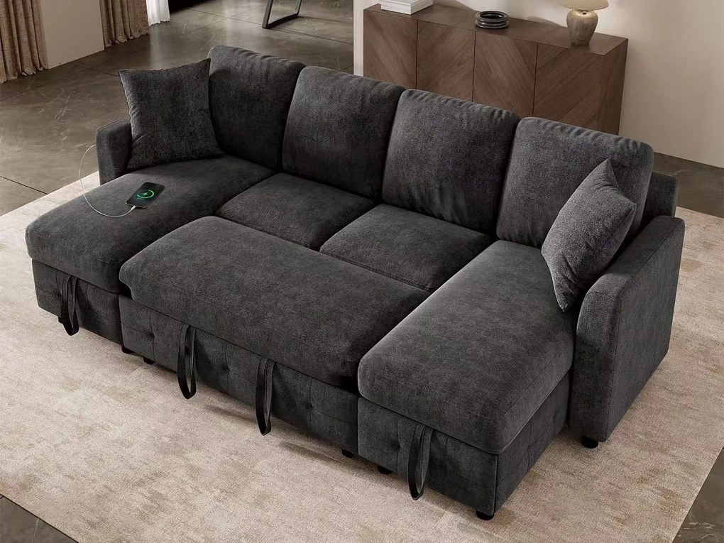 Nowoczesna kanapa w kształcie litery U - rozkładana - 2 schowki - 1 port USB i 1 port ładowania Type-C - 2 poduszki - chenille - szary