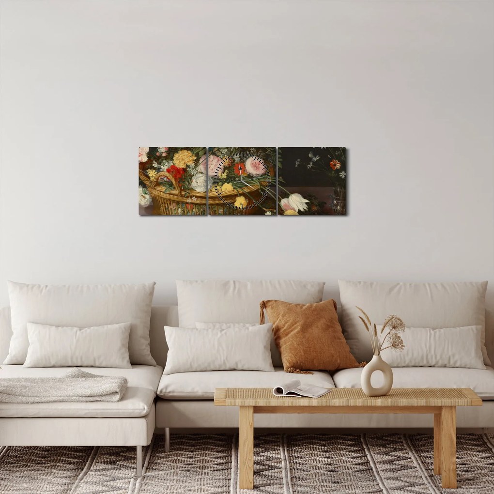 Obraz - Jan Brueghel the Elder, Flowers in a Basket and a Vase, reprodukcje (z zegarem) (90x30 cm)