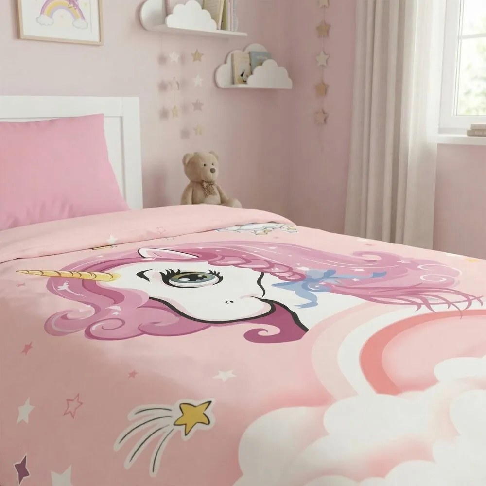 Kvalitex Dziecięca pościel bawełniana Unicorn różowy, 140 × 200 cm, 70 × 90 cm