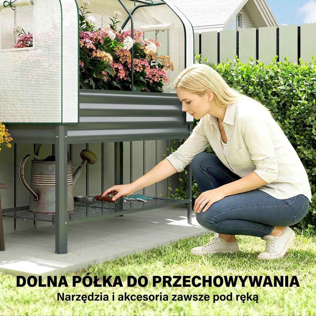 Outsunny Podwyższona grządka z nakładką szklarniową z metalu, skrzynia do sadzenia z półką, podwyższona 120 x 55 x 140 cm | Aosom PL