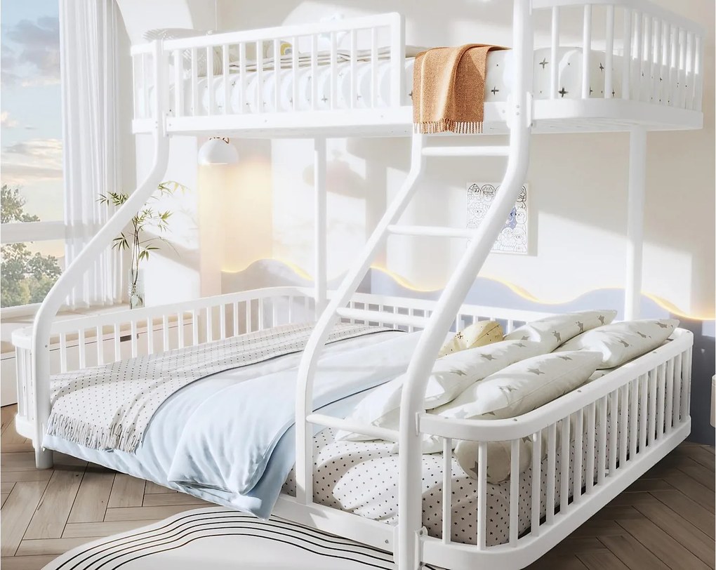 Łóżko piętrowe 90x200 cm + 140x200 cm - konstrukcja żelazna - z barierkami bezpieczeństwa - z drabiną - biały​ (materac nie jest wliczony w cenę)