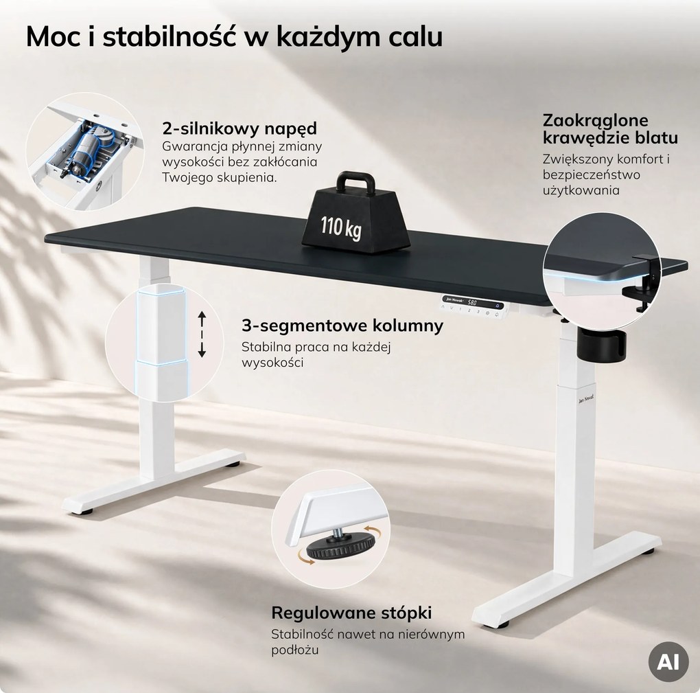 Biurko elektryczne z regulacją wysokości ergonomiczne biało-antracytowe,1600x800 mm: ARIA