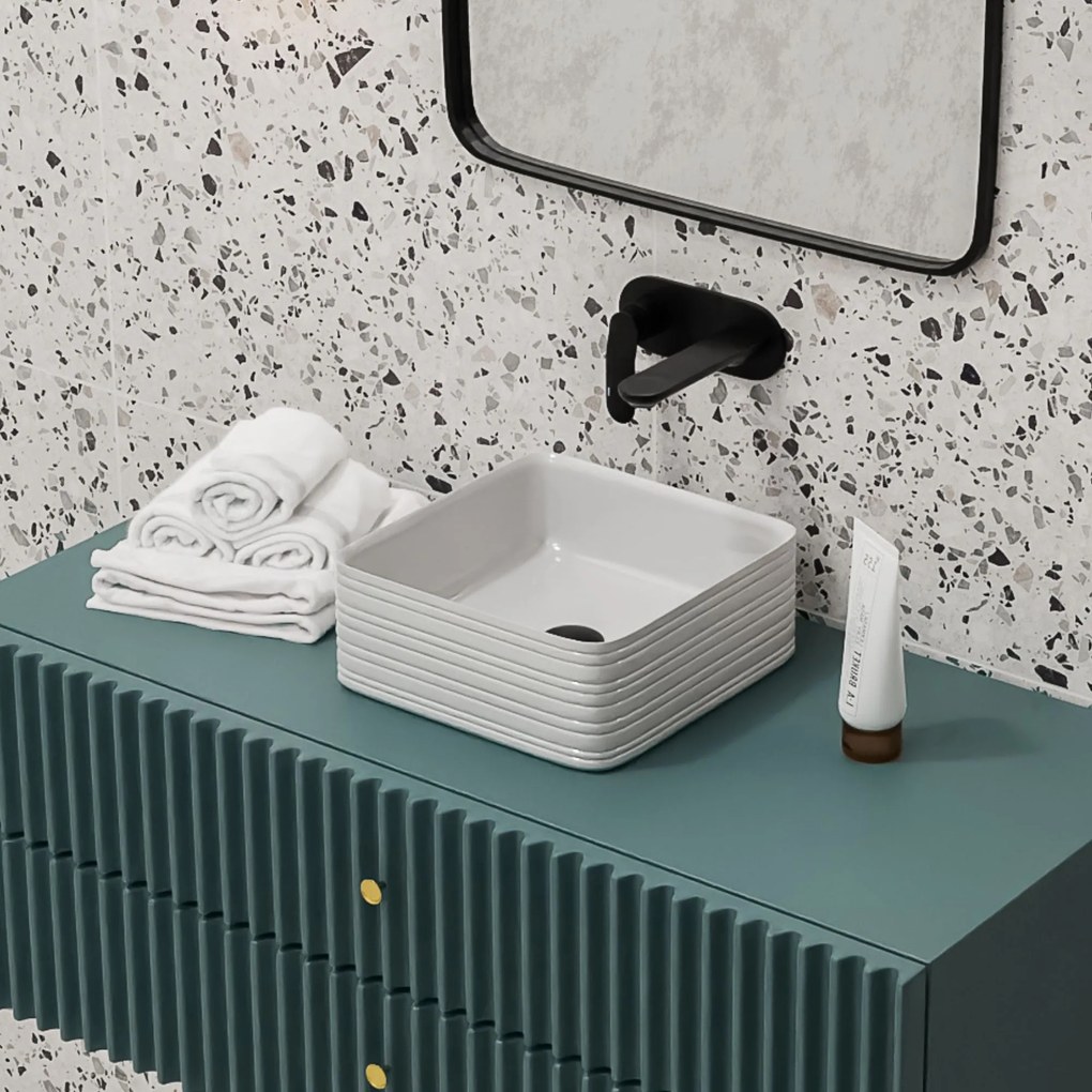 Umywalka ceramiczna nablatowa kwadratowa ryflowana biała 39 x 39 cm LAMI