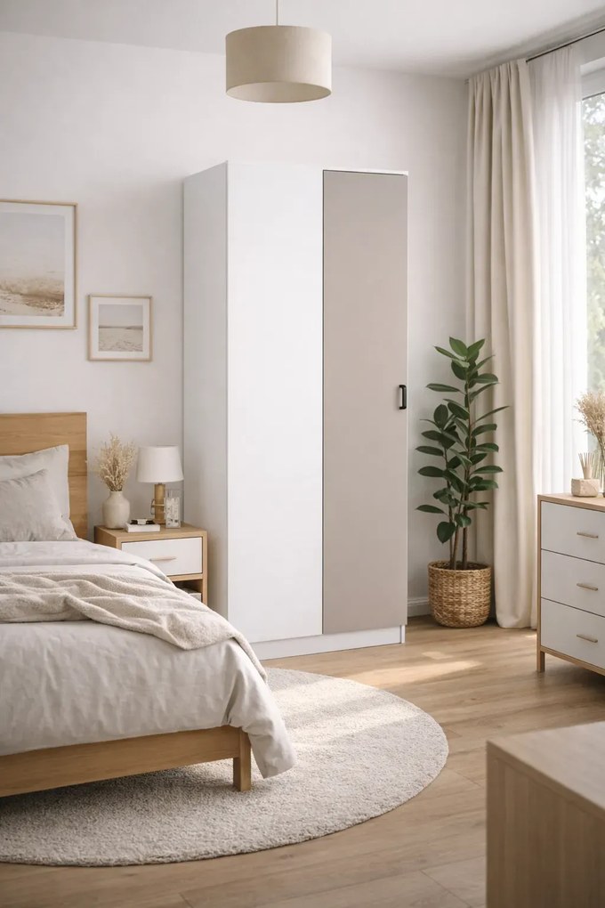 Narożna minimalistyczna szafa uchylna biały + kaszmir W3-E06