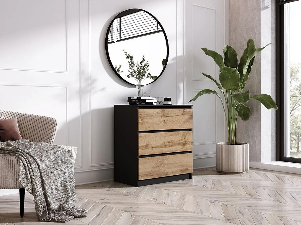 Komoda z 3 szufladami: czarny matowy / dąb wotan, 70 x 39 x 79 cm