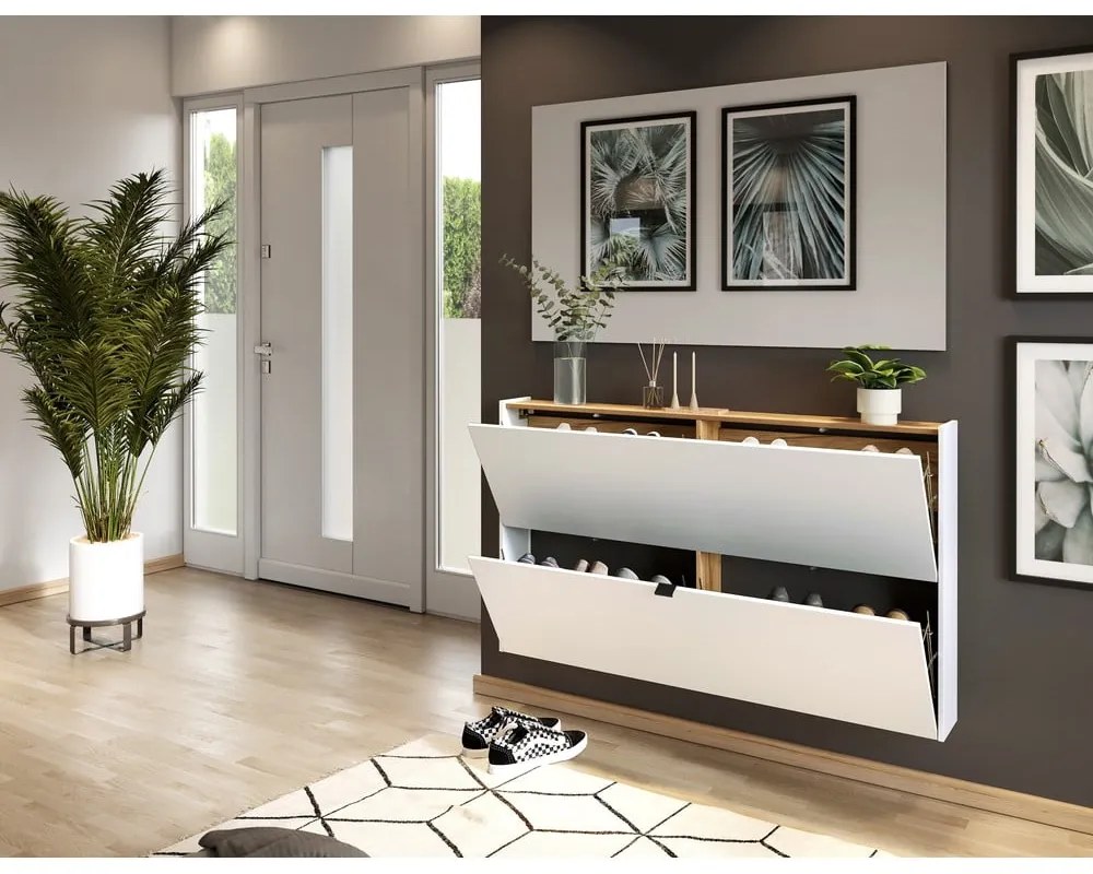 Biała uchylna wisząca szafka na buty w dekorze dębu 140x83x18 cm Ameca – Germania