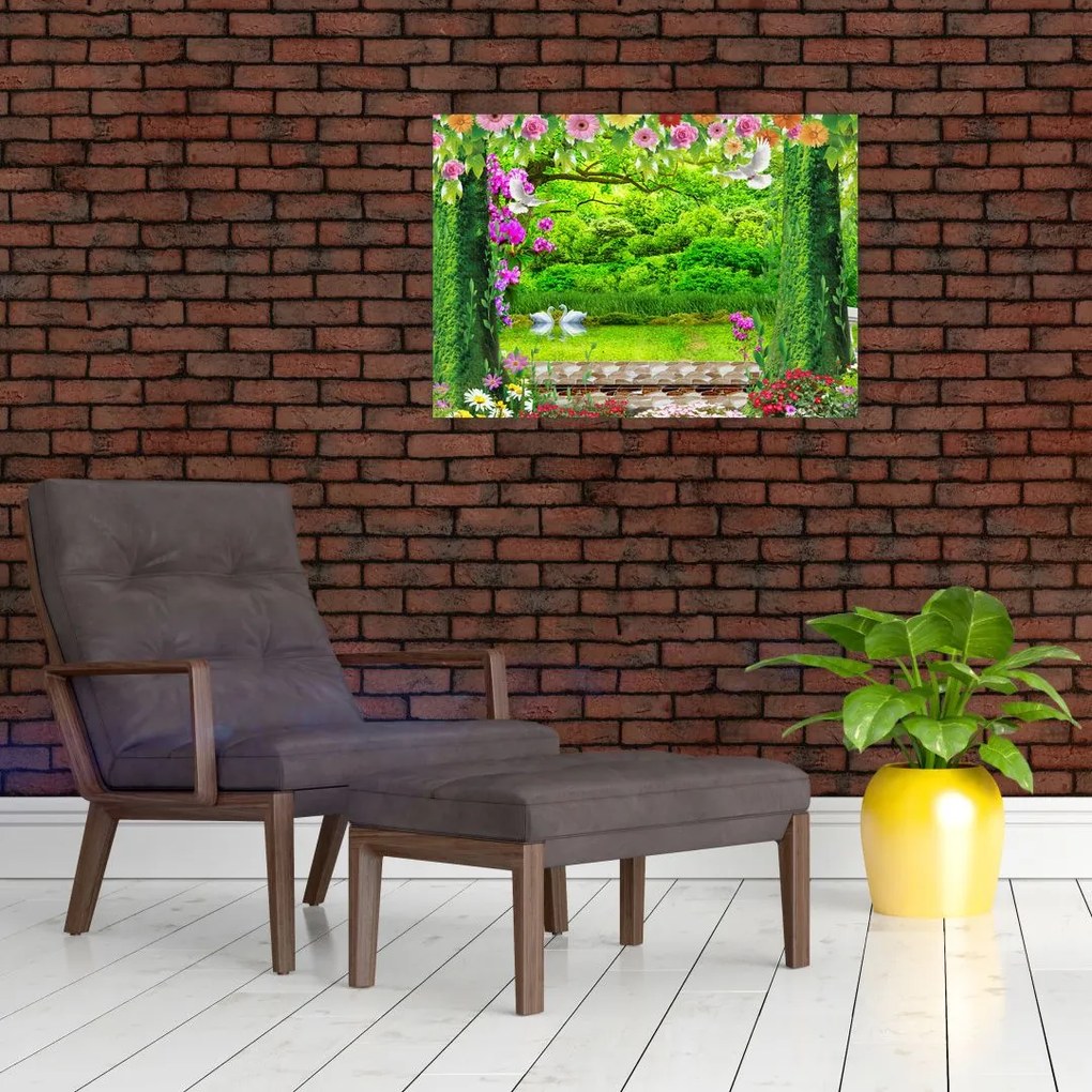 Obraz - Magiczny ogród z łabędziami (70x50 cm)