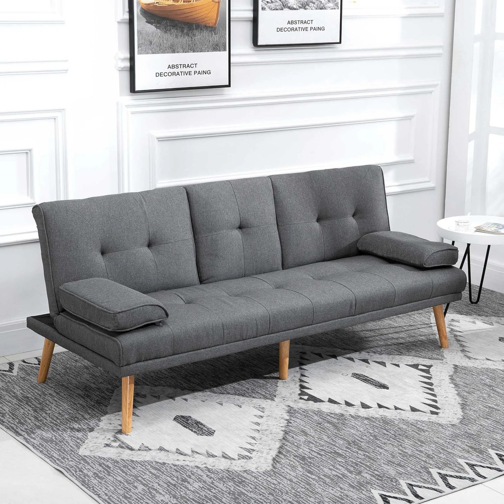 HOMCOM Sofa 3osobowa Rozkładana z Stołem Len Imitacja 181x77x78cm Ciemnoszara | Aosom PL