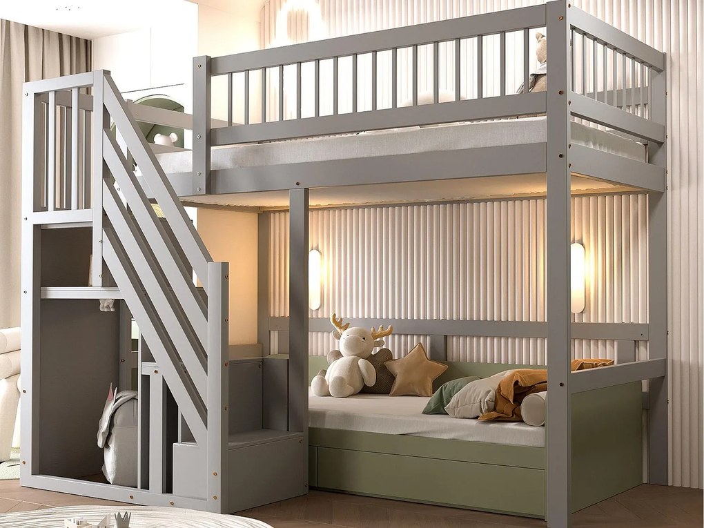 Łóżko mezzanine 90x200cm - ze schodami z miejscem do przechowywania - drewno lite + sklejka + MDF - Szary