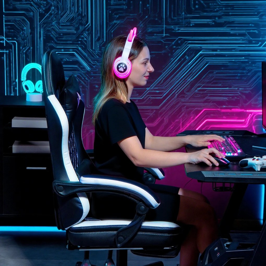 HOMCOM Fotel Gamingowy z Podnóżkiem, Fotel komputerowy z Poduszką i Książeczką, Skórzany Pokrowiec, Obrotowy, Wysokość Regulowana, Metal, Plastik, Czarny+Biały