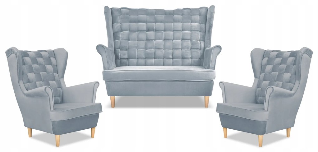 Zestaw wypoczynkowy Carol sofa fotele paski Family Meble błękitny