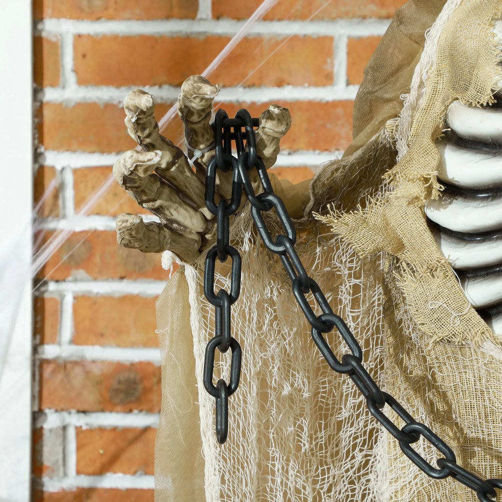 HOMCOM Dekoracja Halloween, Wiszący Szkielet, Świecąca Głowa, Przerażające Wycie, Giętkie Ramiona, Khaki
