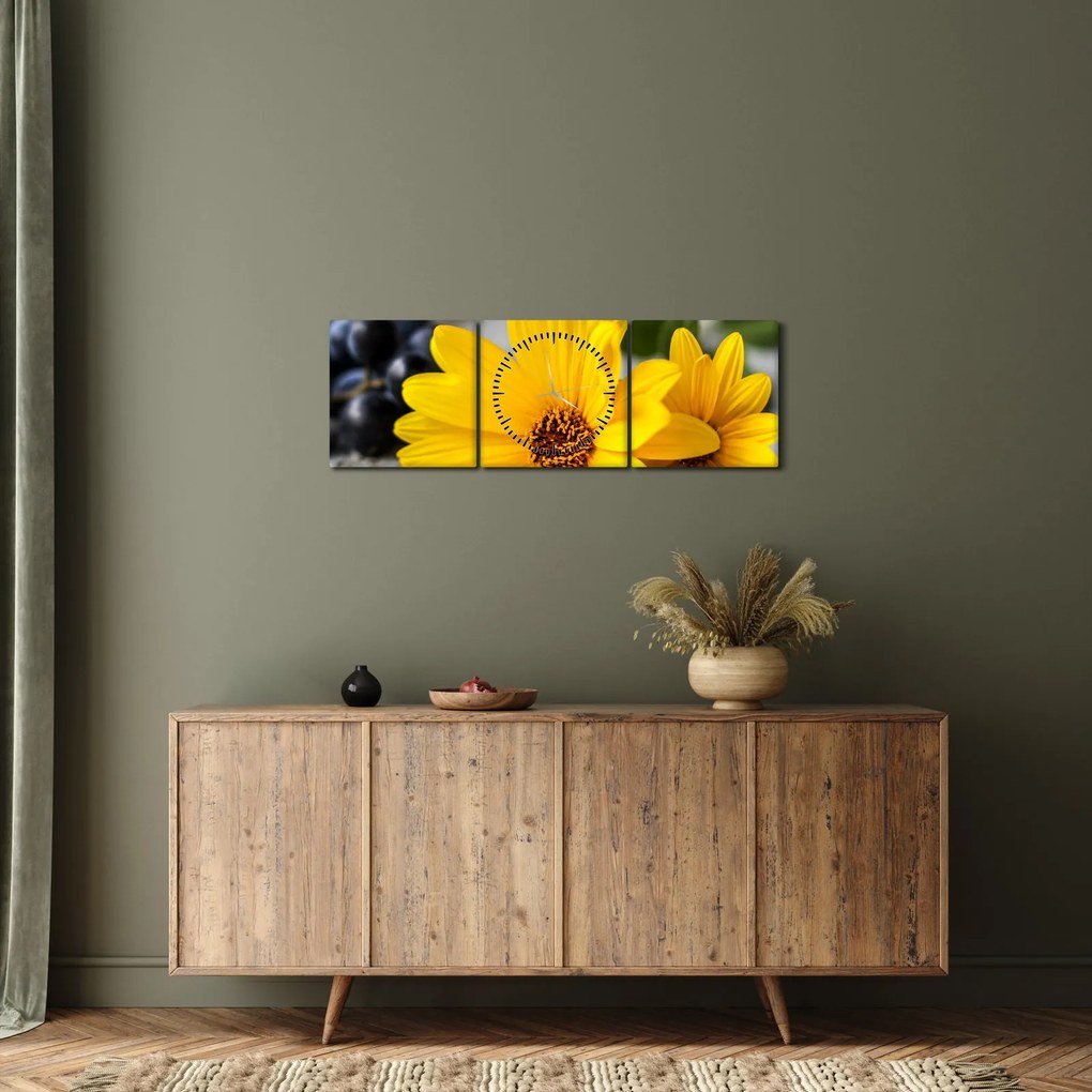 Obraz żółtych kwiatów (z zegarem) (90x30 cm)