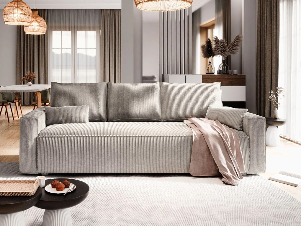 Masseno Sofa MENI z funkcją spania i pojemnikiem na pościel, Rozkładana sofa - Kremowy, POSO 100