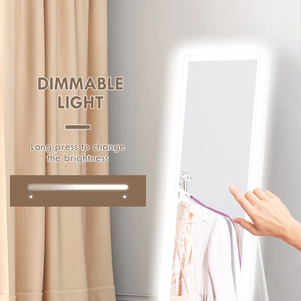 HOMCOM Lustro Całościowe 40x160 cm z Oświetleniem LED, Sterowanie Dotykowe, Regulacja, 3 Kolory, Biały