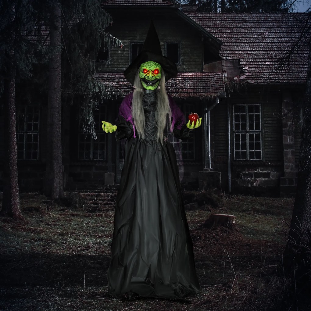 HOMCOM Czarownica z Jadowitym Jabłkiem, Dekoracje Helloweenowe, Straszne Dźwięki, Czerwone Oczy, Ruchome Ramiona, 180 cm