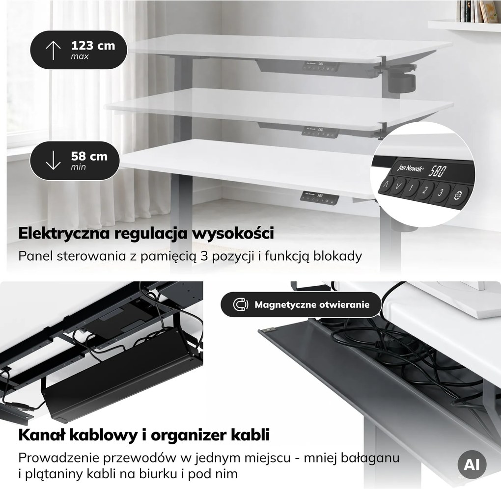 Biurko elektryczne z regulacją wysokości ergonomiczne antracytowo-białe, 1400x700 mm: ARIA