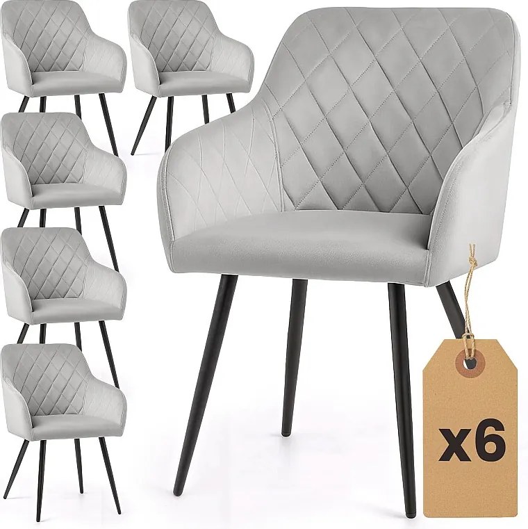 6x Welurowe krzesło tapicerowane pikowane w romby Szare VELTO Czarne nogi