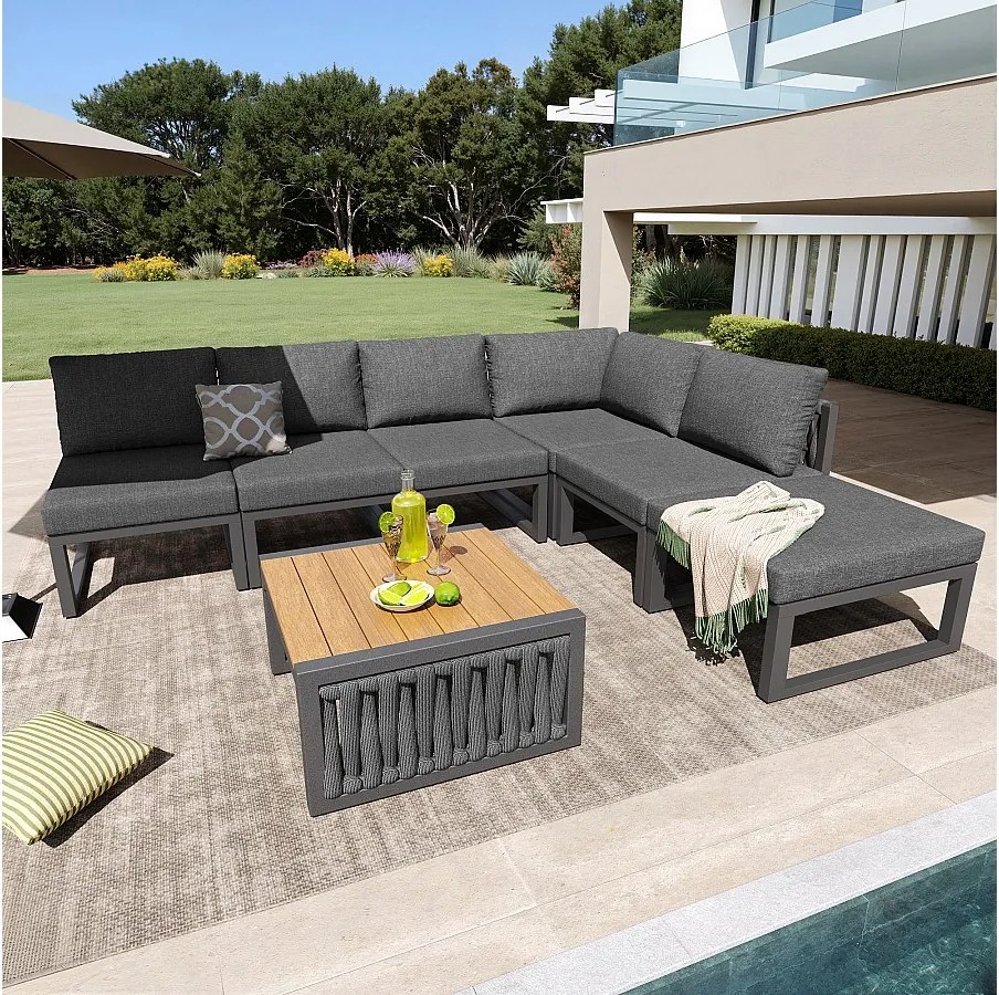 Salon ogrodowy, zestaw mebli, lin, na 5 osób - kanapa narożna - stolik kawowy i drewniany blat - z żelaza ocynkowanego, Szary